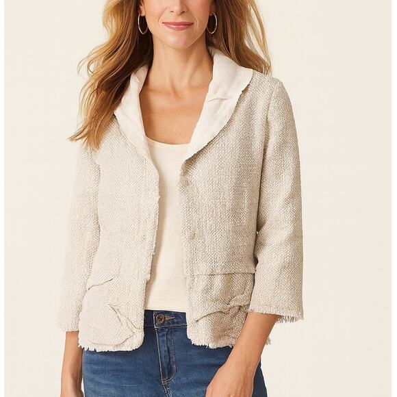 Soft Surroundings Linen Blend Tweed Raw Hem Cream Blazer Jacket Petite - Picture 1 of 7